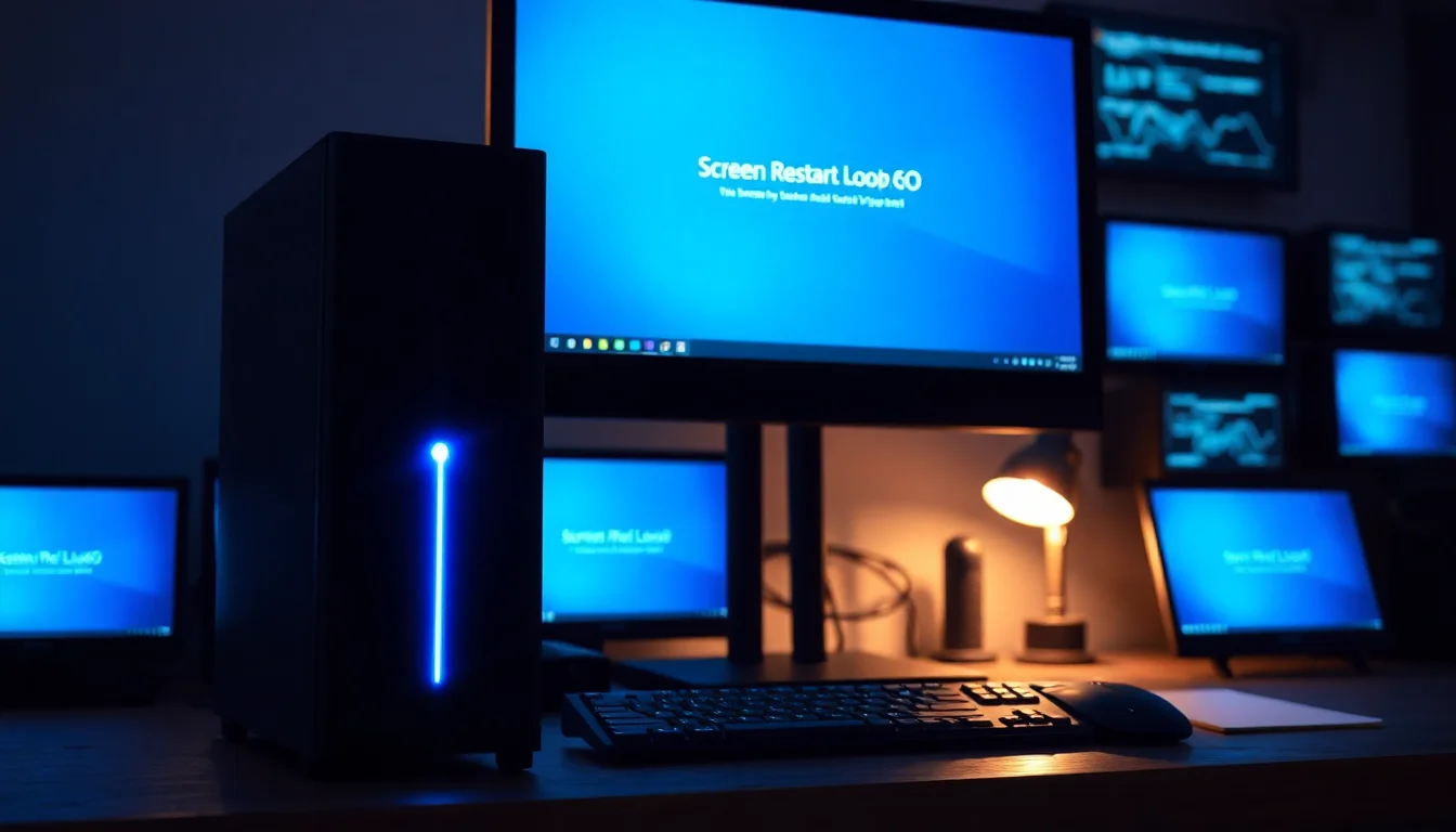 A Windows 11 desktop PC on a dark workbench showing a continuous restart loop error screen with blue diagnostic text