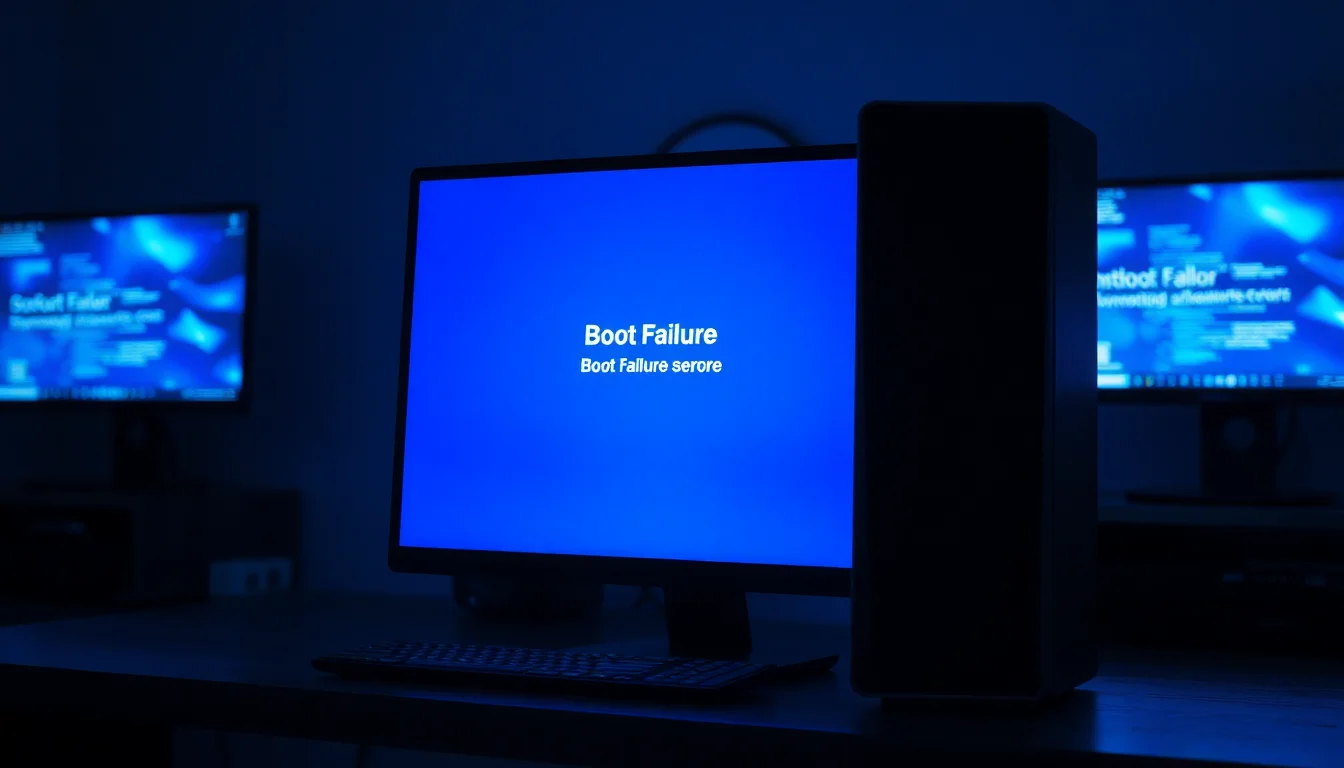 A Windows desktop PC on a dark workbench displaying a blue screen Windows Boot Manager boot failed error message