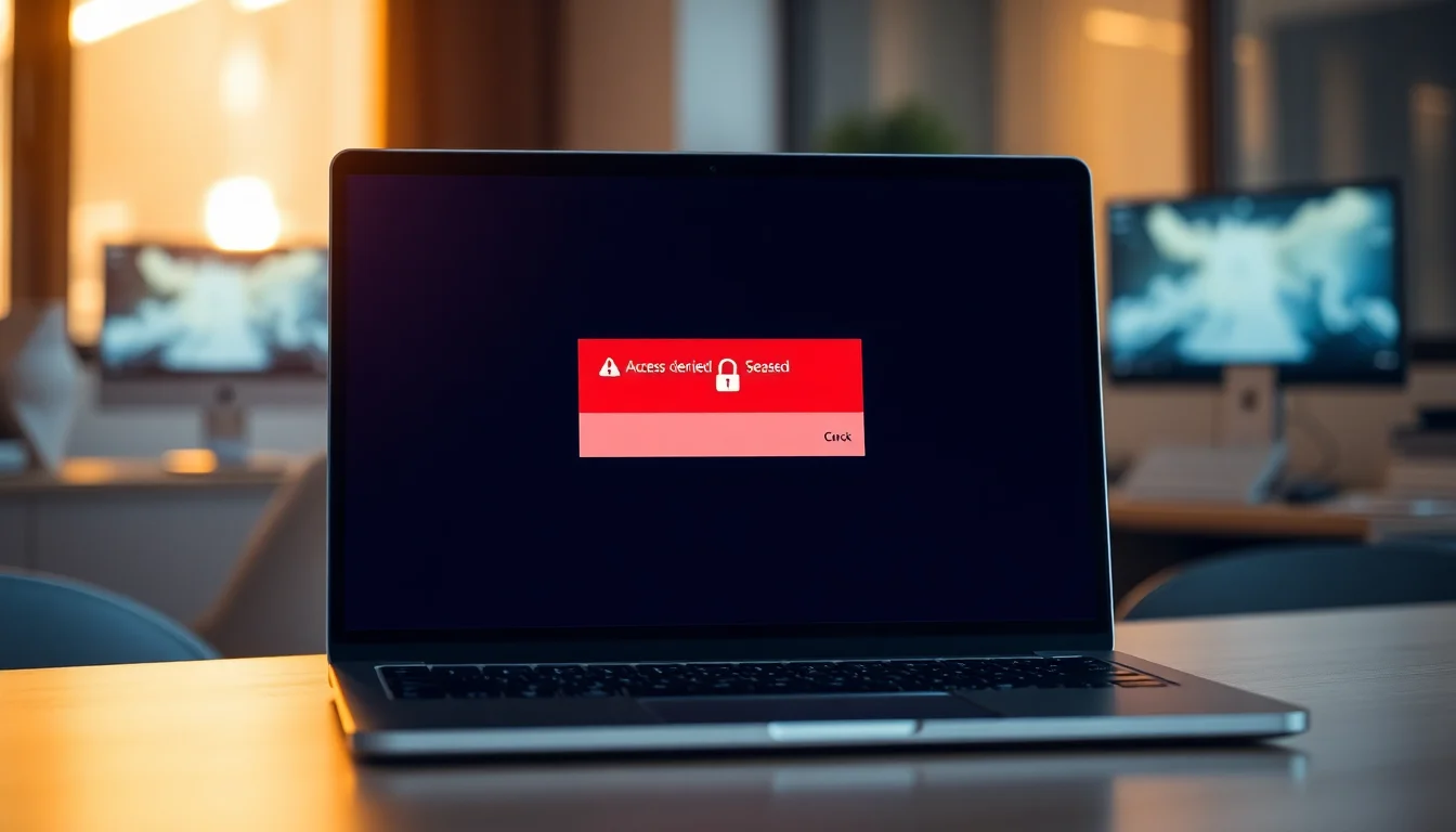 Windows 10 laptop on desk showing access denied error message with padlock icon, warm office lighting, focused professional atmosphere