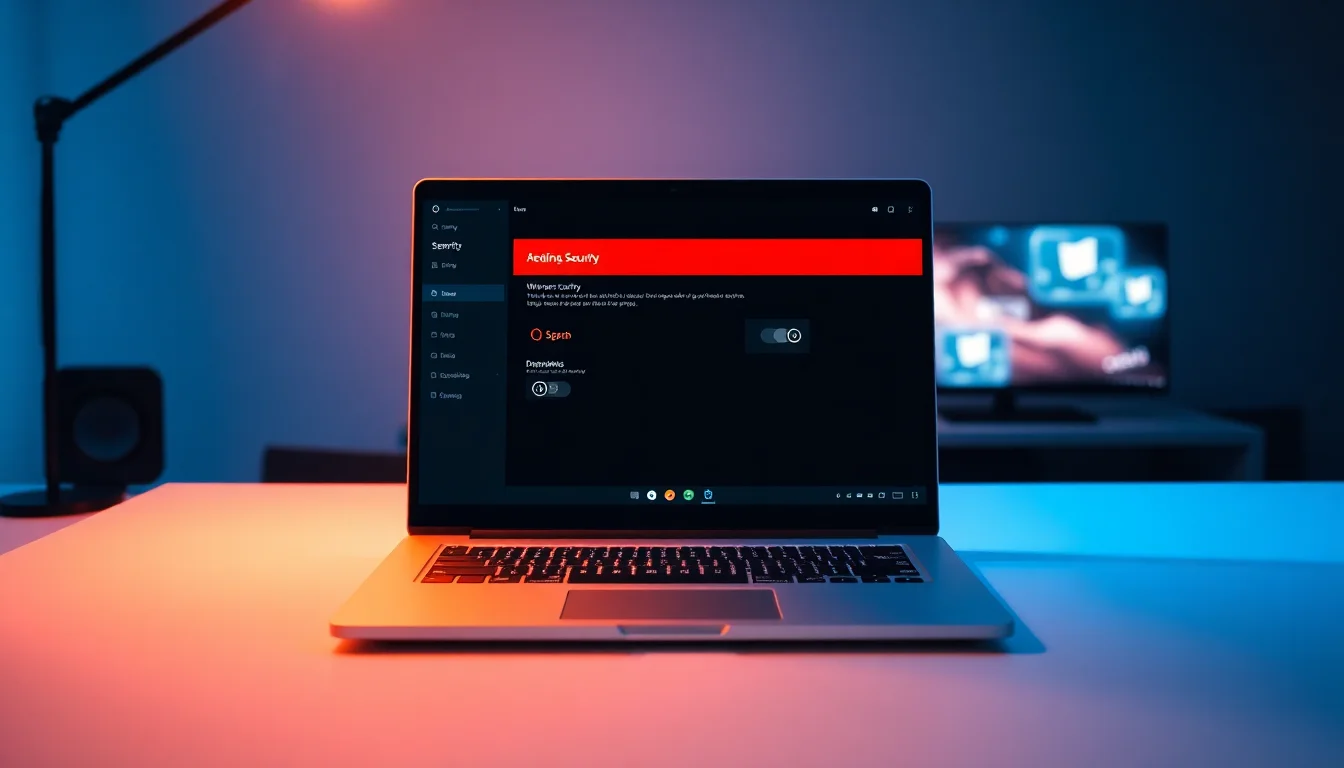 Windows 11 laptop displaying Windows Security app with error 0x800704ec and disabled real-time protection toggle, sitting on modern desk with warm side lighting, focused professional atmosphere
