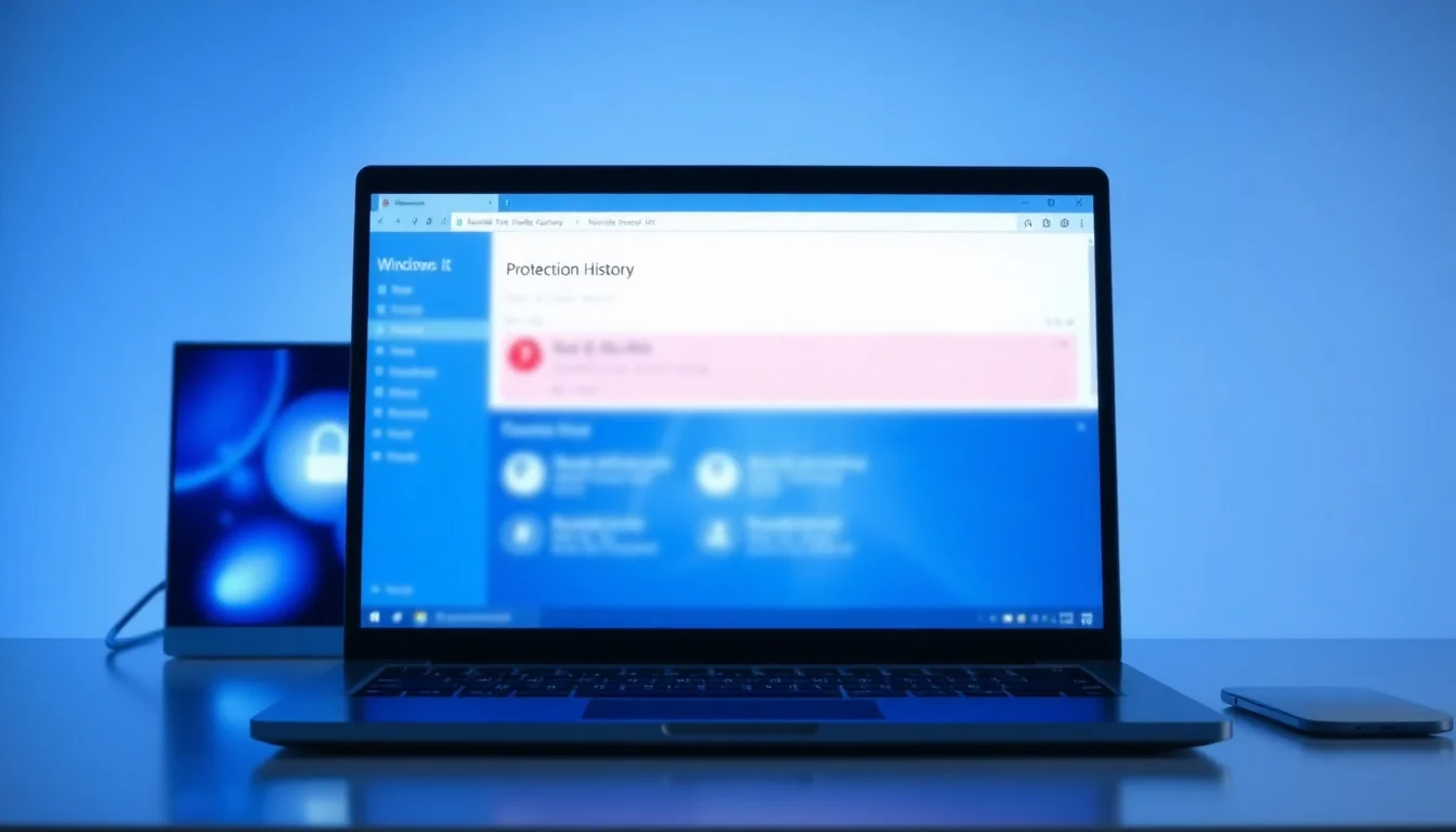 A Windows 10 laptop screen showing Windows Security with Protection History and quarantined items list, clean desk with focused lighting