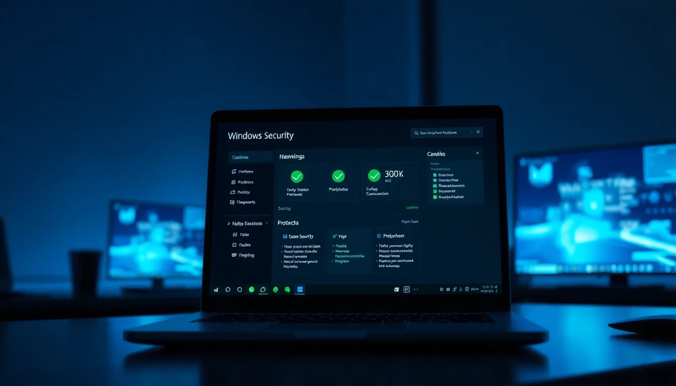 Windows 11 Settings screen showing Windows Security dashboard with green checkmarks next to Virus and threat protection, Firewall and network protection tiles, clean modern interface with blue accents