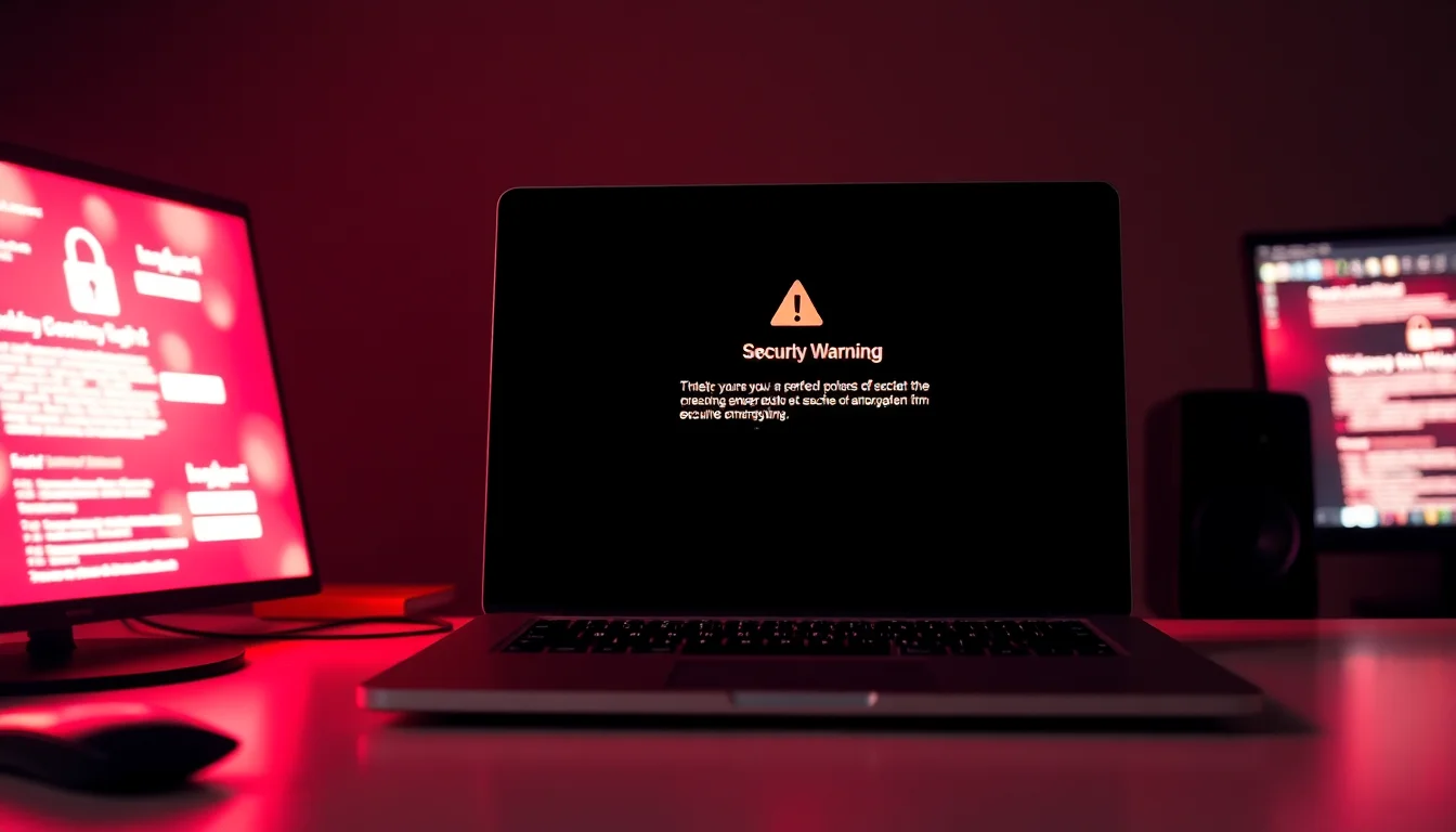 Windows 10 laptop displaying security warning on desk with red alert lighting, showing lock icon and suspicious activity notification in serious focused atmosphere