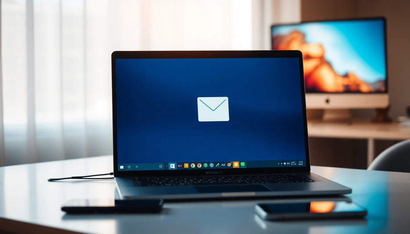 Windows 11 Mail app icon on laptop screen with sync loading indicator, warm office desk lighting, frustration-focused atmosphere
