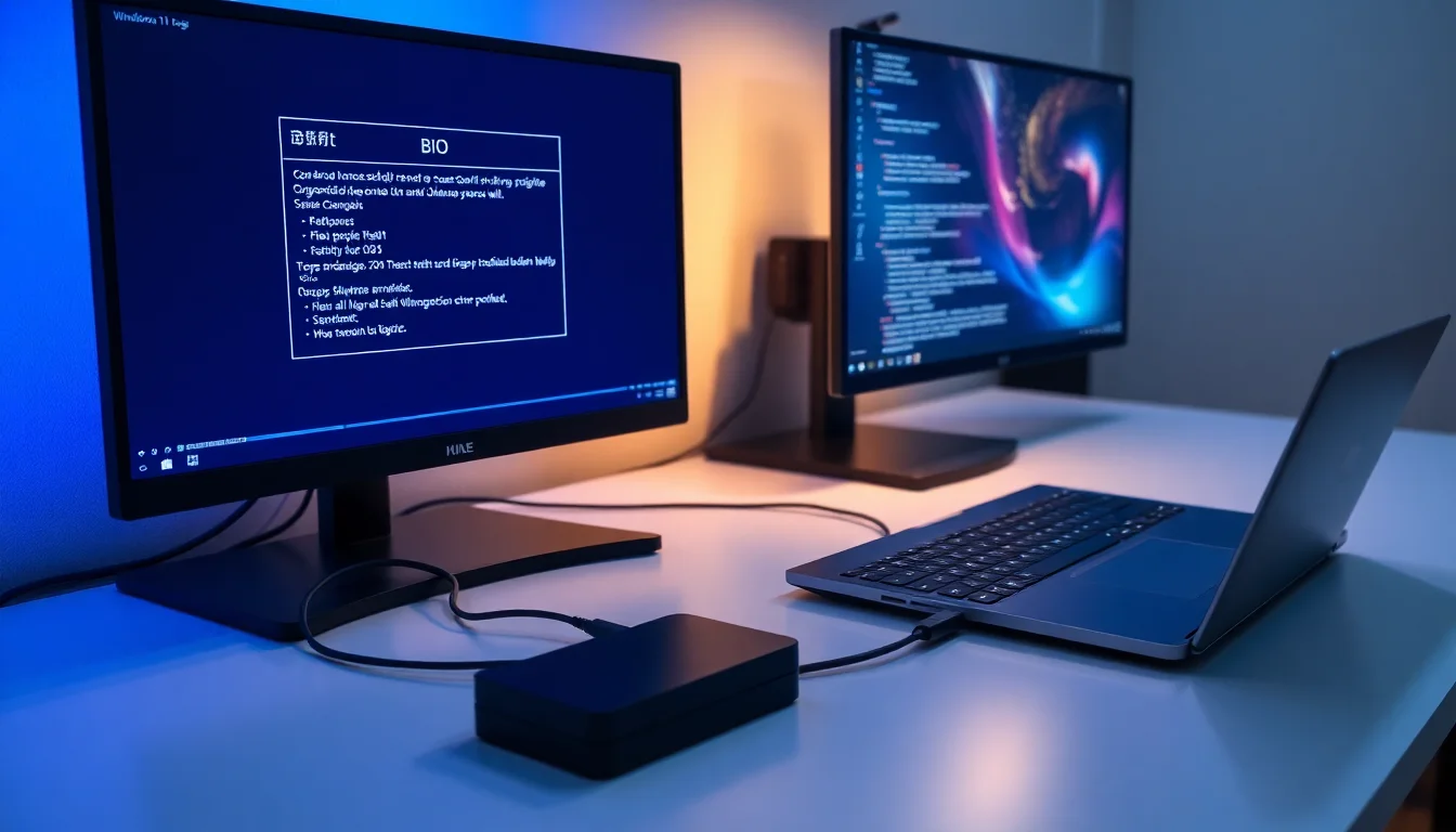 Laptop with external SSD connected showing Windows boot screen and BIOS settings in background, cool blue lighting from dual monitors, focused professional atmosphere