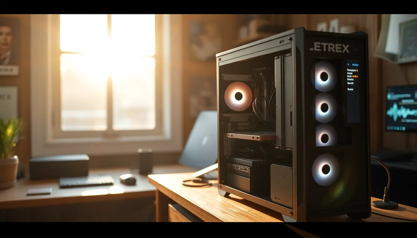 Desktop computer on wooden desk with open system case showing internal components, motherboard, and cooling fans visible, warm office lighting from side window, focused technical atmosphere