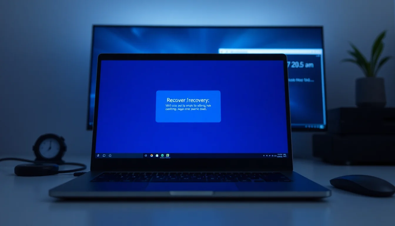 Windows laptop showing recovery partition error message on blue screen with command prompt open, soft white desk lighting, technical professional atmosphere