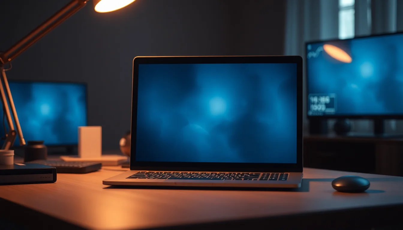 Windows 11 laptop on desk with screen showing subtle flicker effect, warm desk lamp lighting from side, focused professional atmosphere