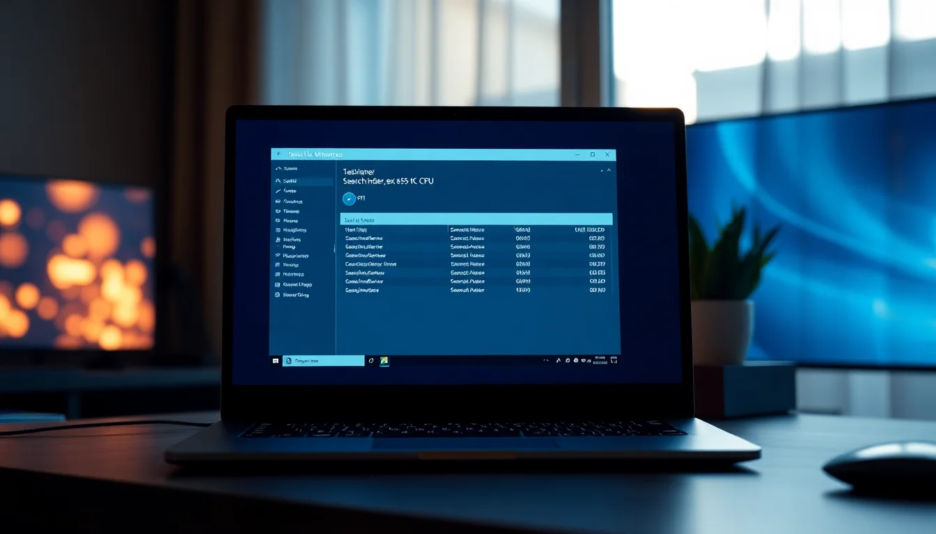Windows 11 laptop displaying Task Manager with SearchIndexer.exe using high CPU percentage, clean desk workspace with warm side lighting, focused technical atmosphere