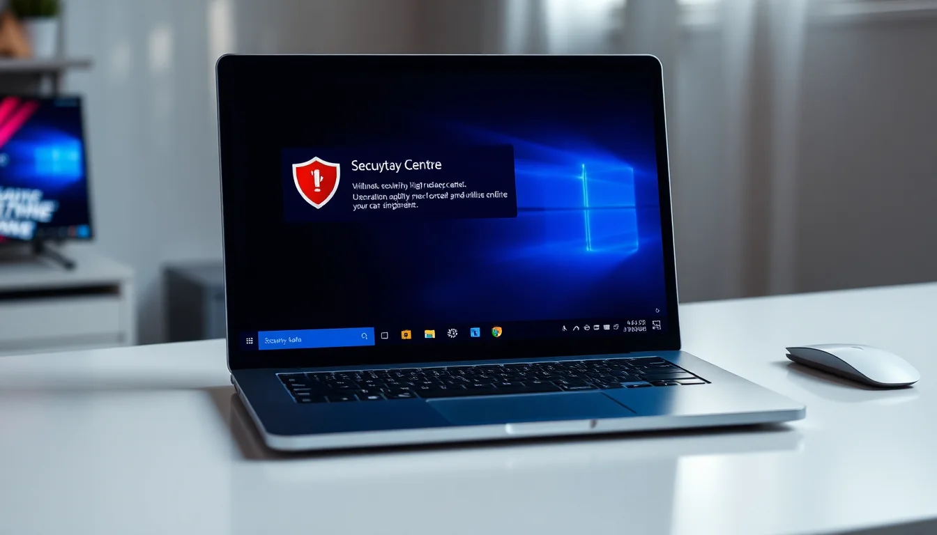 Windows 11 laptop showing Security Centre disabled warning icon with red shield notification in system tray on modern desk with blue task bar visible