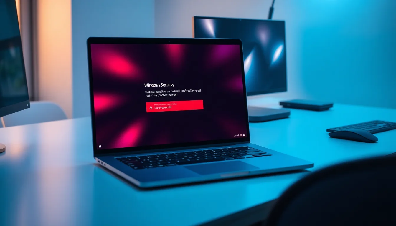 Windows Security notification on desktop screen showing real-time protection disabled warning in red, with administrator command prompt visible behind, soft desk lighting