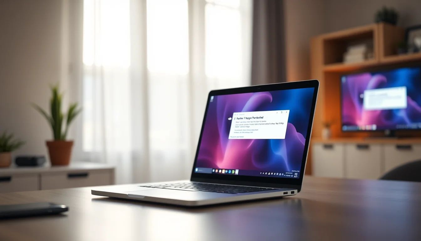 Windows 11 laptop displaying system troubleshooting menu on desk with Device Manager and Command Prompt windows open, cool blue diagnostic lighting, focused technical atmosphere