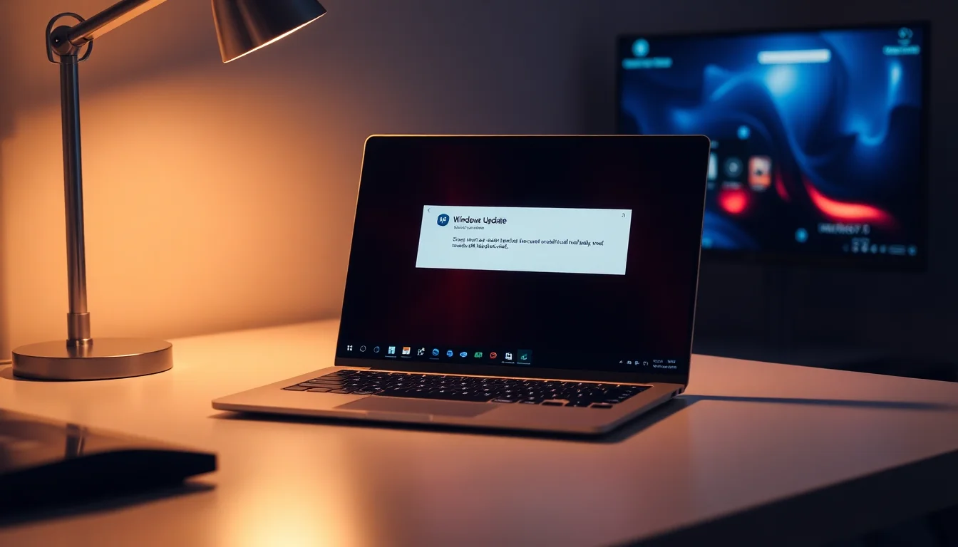Windows laptop displaying Windows Update installation failed error message with required member missing text on blue screen, soft desk lighting, focused troubleshooting atmosphere
