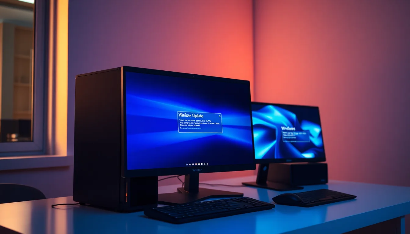 A Windows 11 laptop on a desk showing Windows Update settings screen with error message, soft warm lighting from the side, focused professional atmosphere