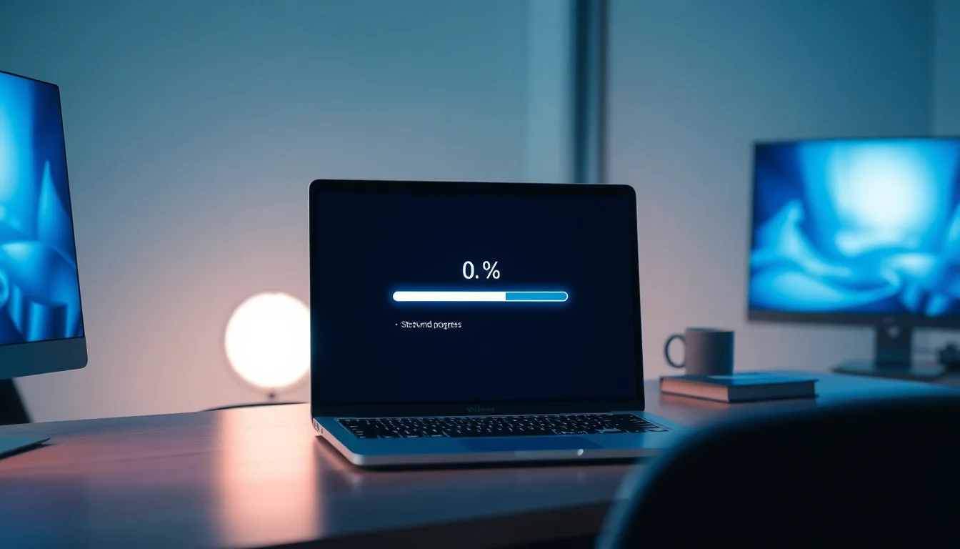 Windows 10 laptop showing stuck update progress bar at 0% on desktop screen with system settings window open