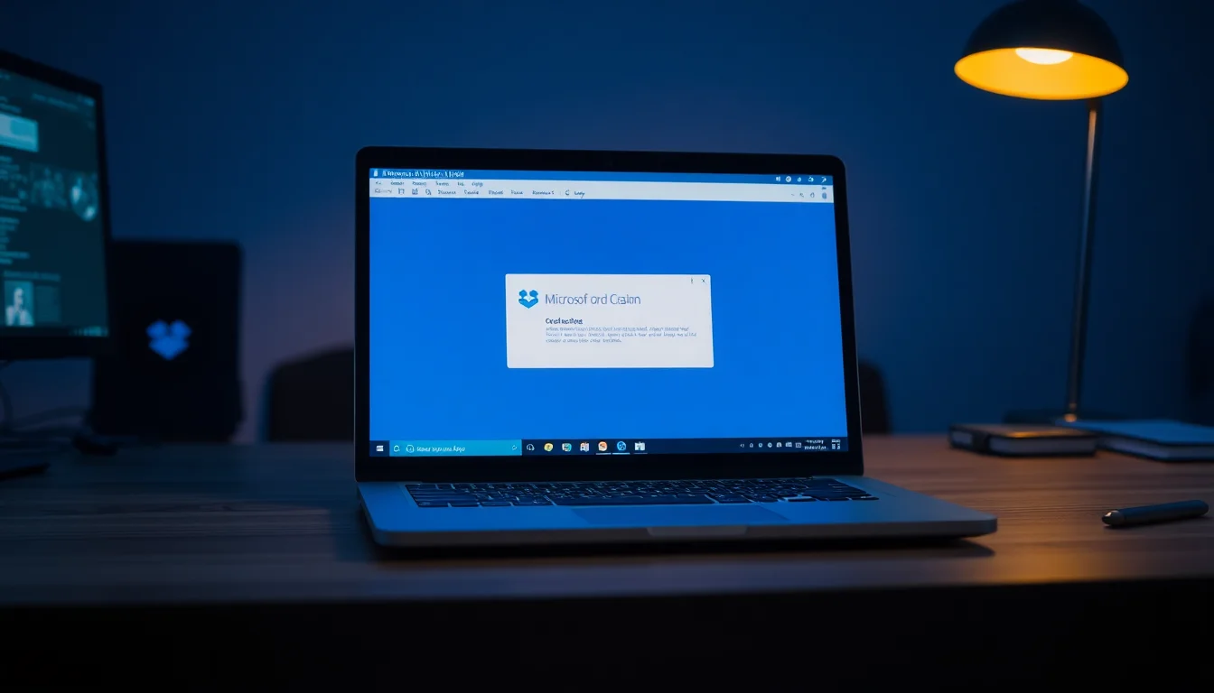 A Windows laptop on a wooden desk showing a Microsoft Word crash error dialog with a Dropbox sync icon visible in the system tray