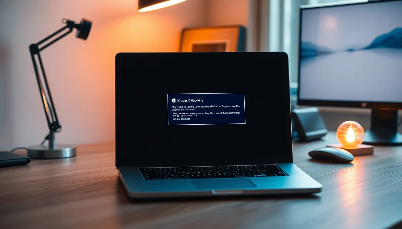 MacBook Pro on a wooden desk showing a Microsoft Word document open with a recovery prompt dialog on screen